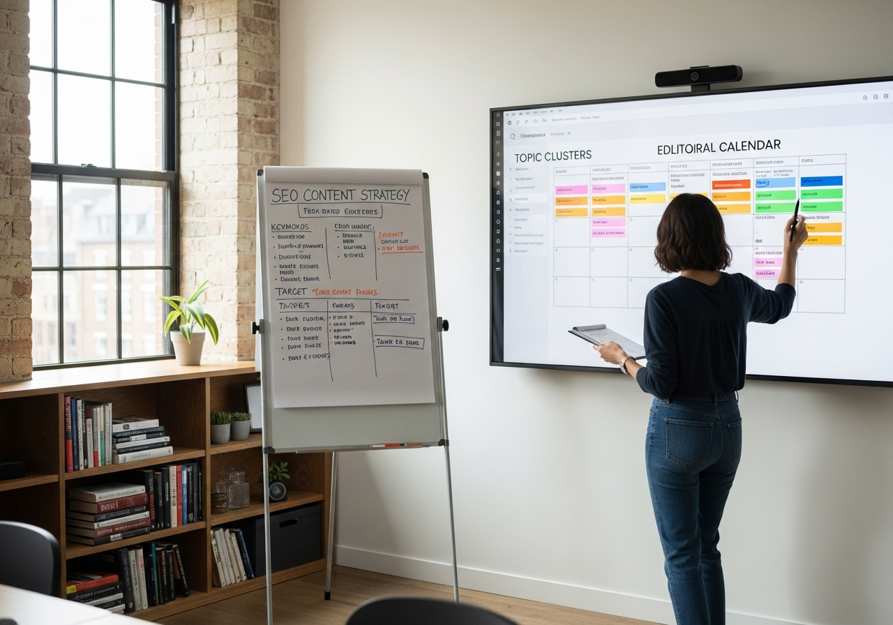 Content strategist planning editorial calendar and topic clusters