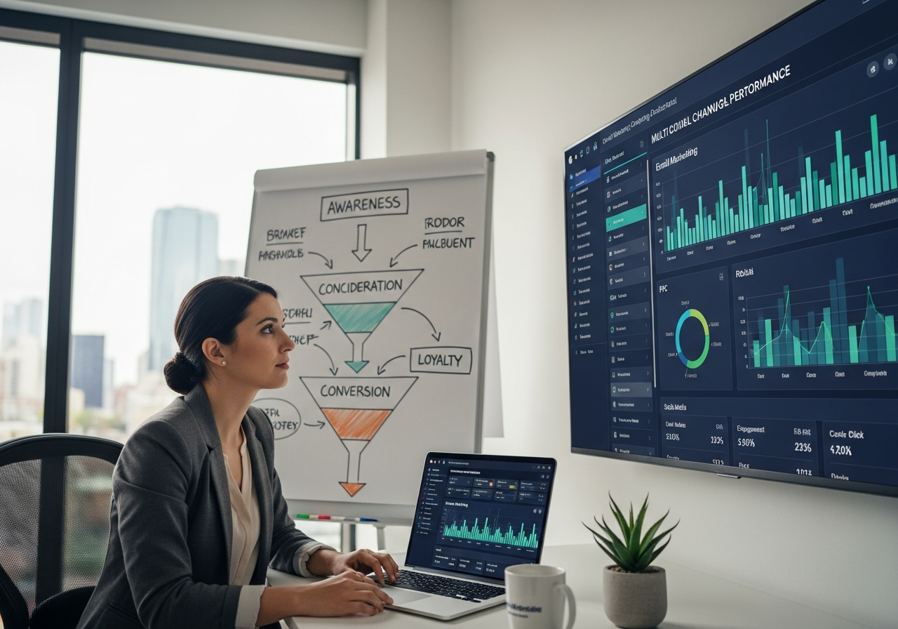 Digital marketing strategist reviewing multi-channel performance