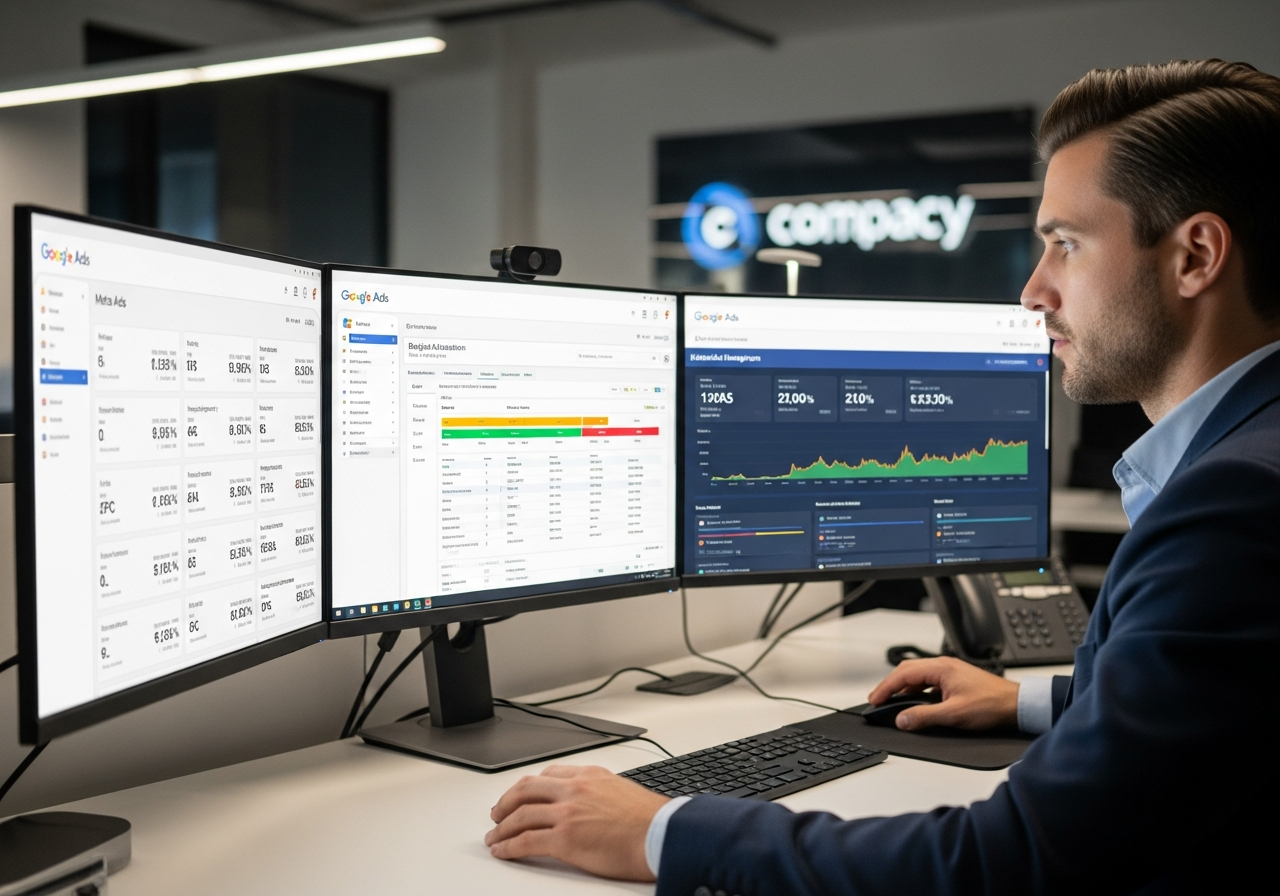 PPC manager monitoring campaigns across Google, Meta, and LinkedIn