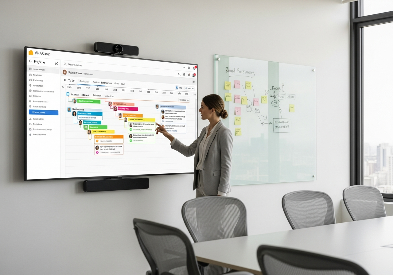 Project manager reviewing Kanban board and timeline