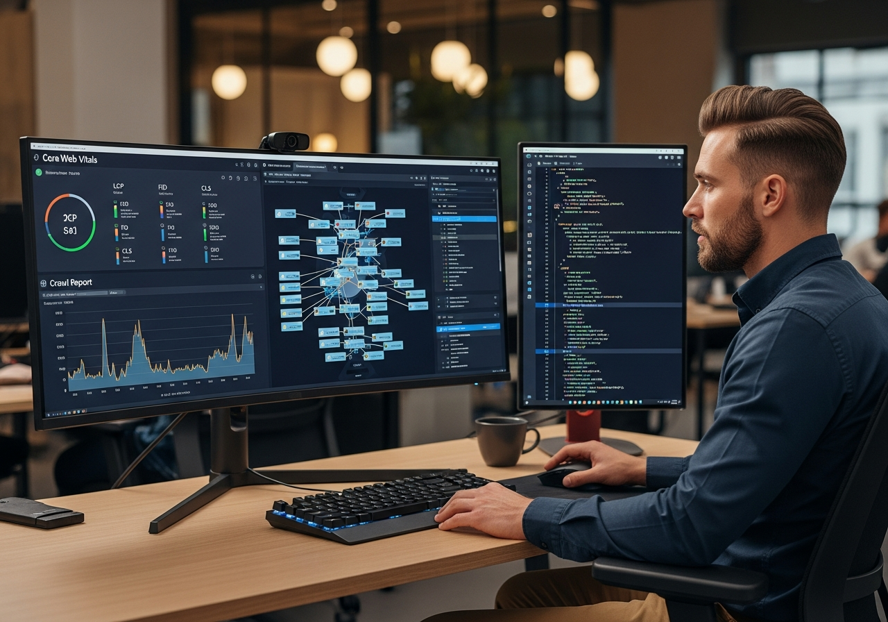 Technical SEO specialist auditing Core Web Vitals and site architecture